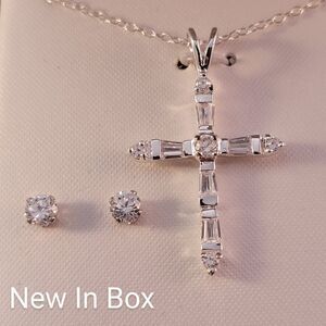 Sterling Clear CZ Cross Pendant Necklace & Stud Earrings Set - …